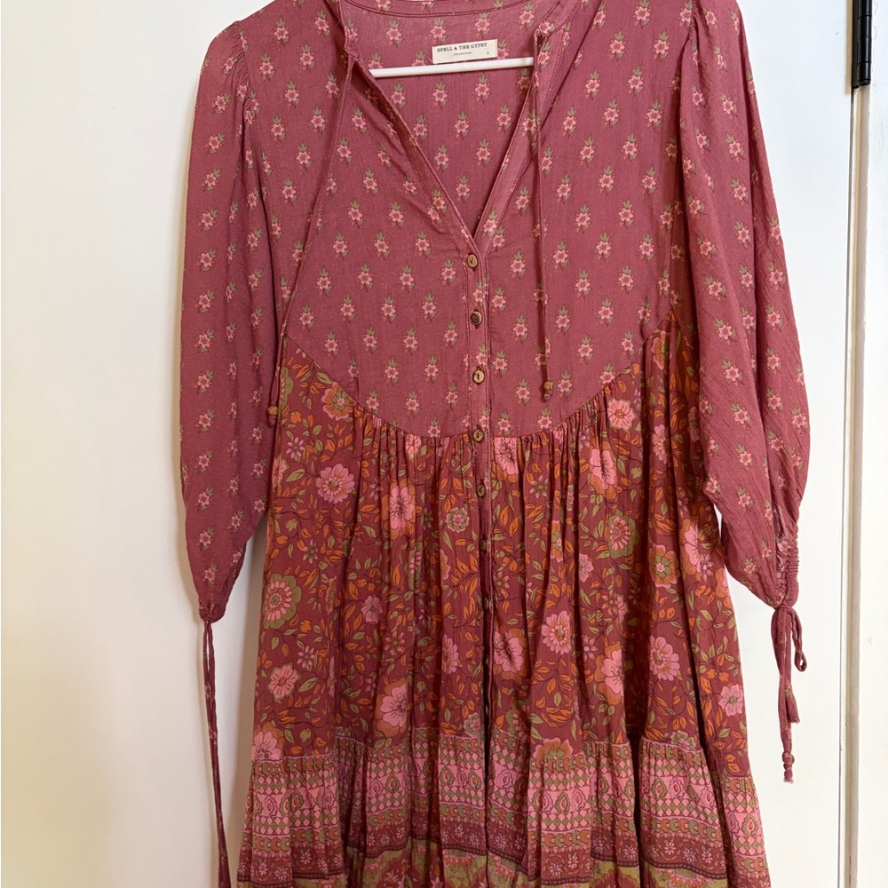 Spell & the Gypsy  tiered mini dress , mauve S 3/4 sleeve